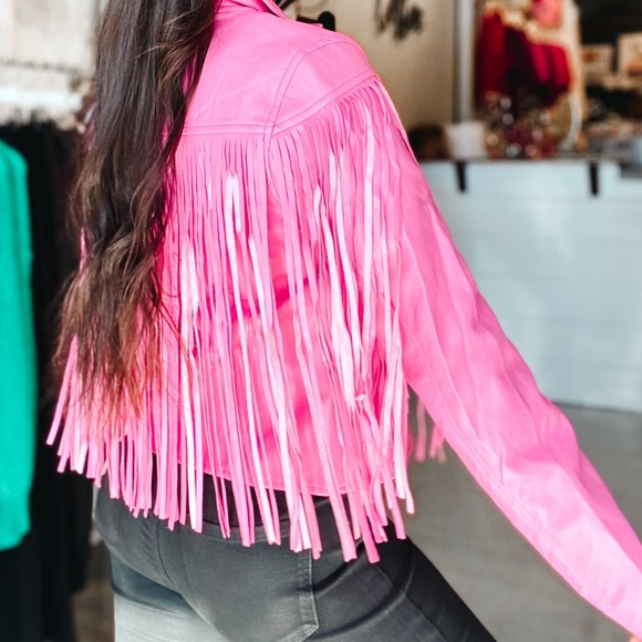 Blue B Jackets & Blazers - NWT Faux Leather Moto Jacket Pink fringe